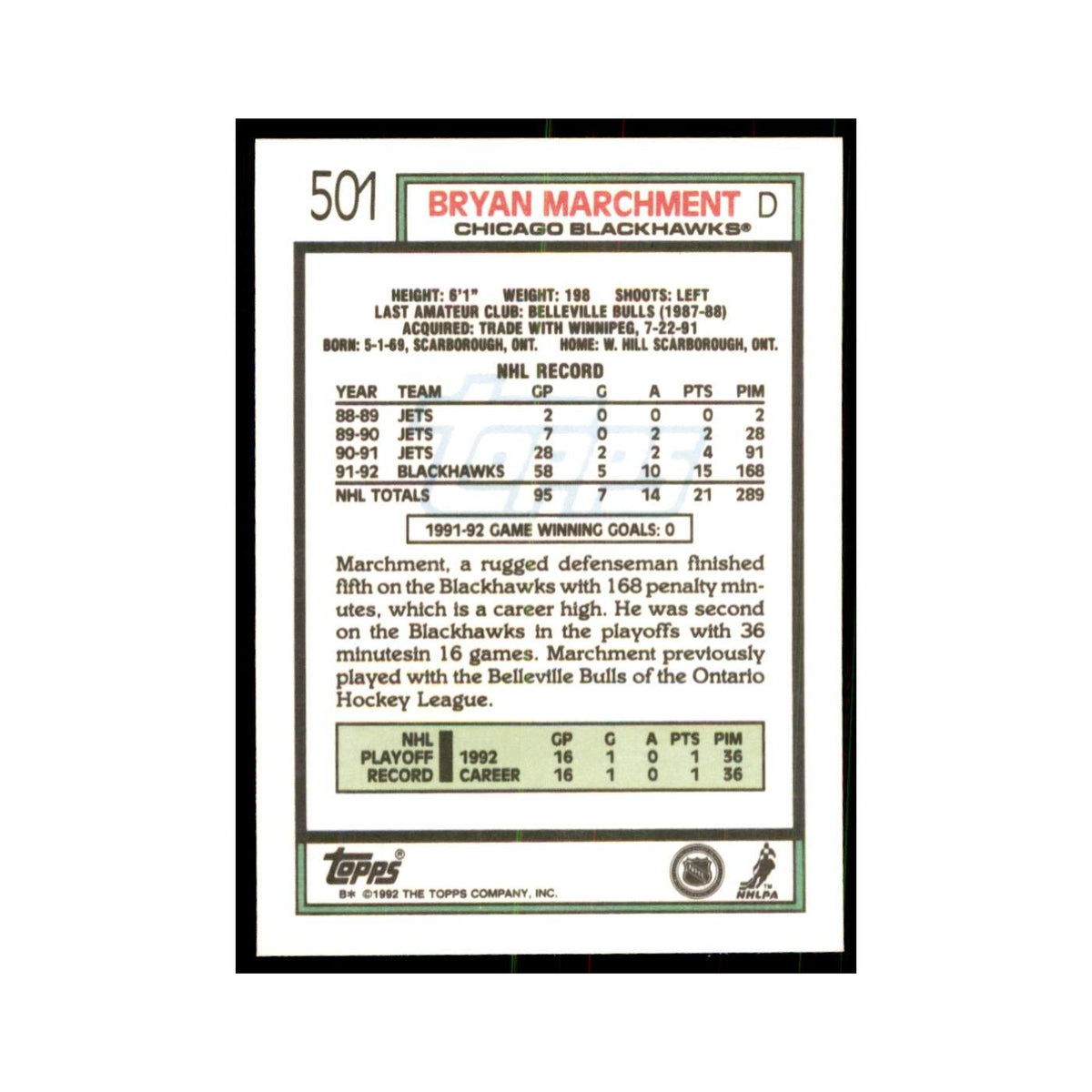Bryan Marchment 1992 Topps #501 Hockey Cards Hockey Card NM