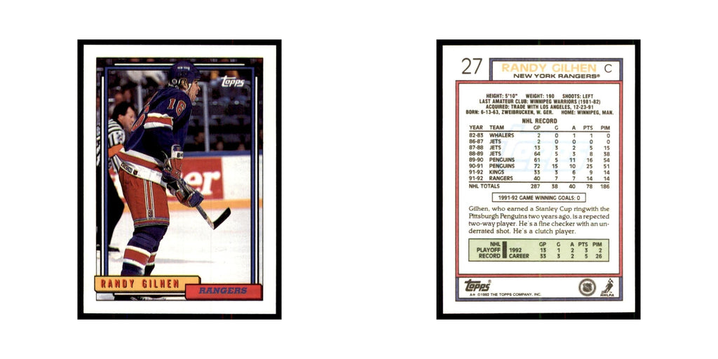 Randy Gilhen 1992 Topps #27 Hockey Cards Hockey Card NM