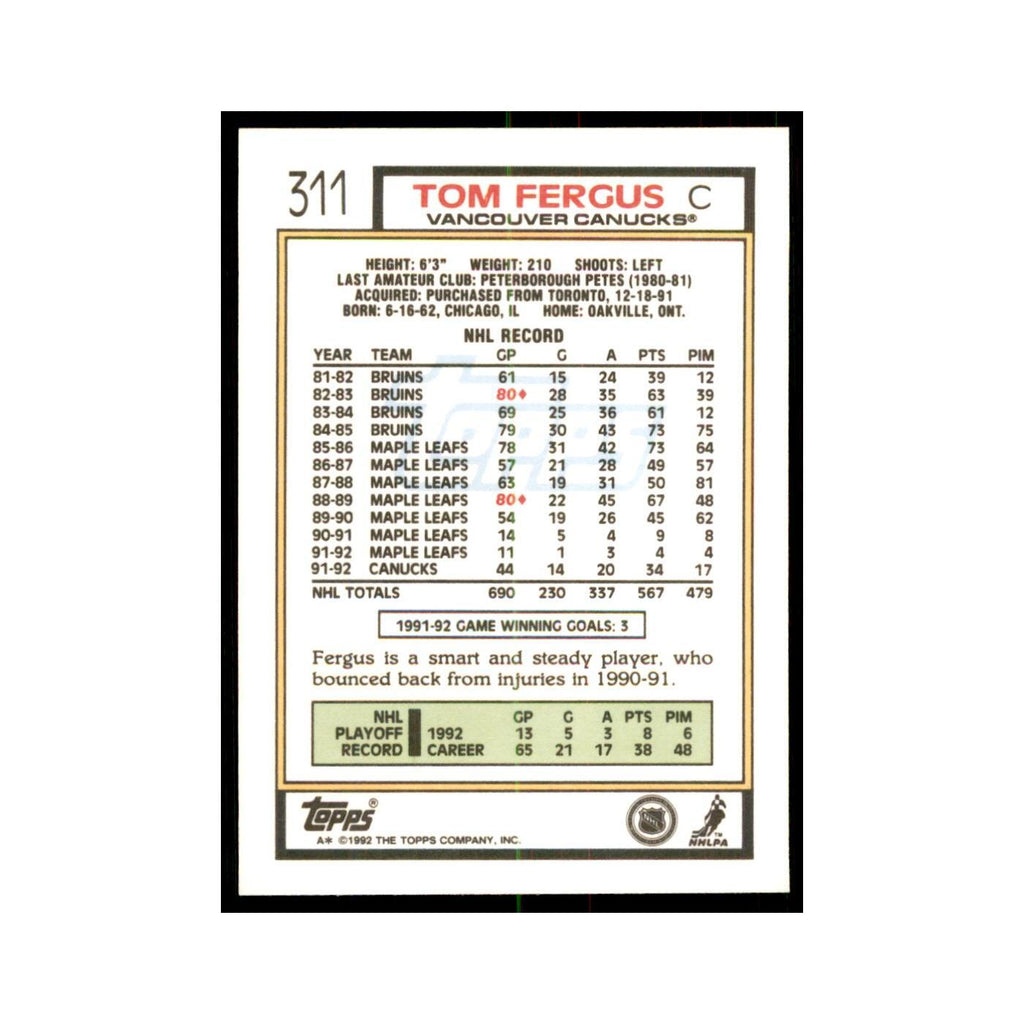 Tom Fergus 1992 Topps #311 Hockey Cards Hockey Card NM