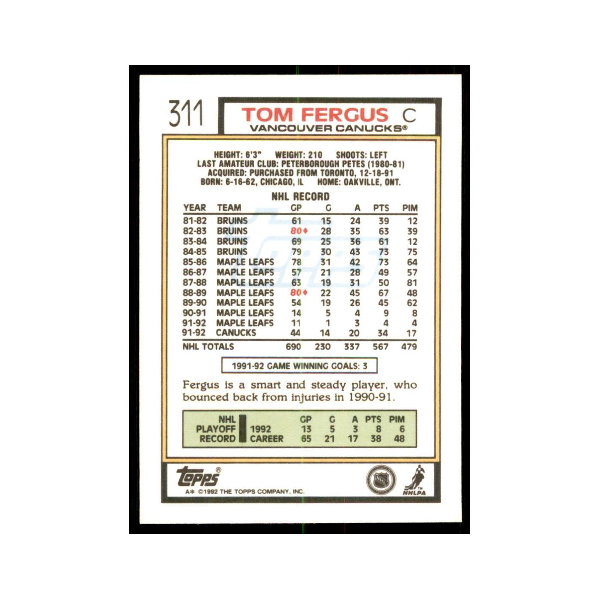 Tom Fergus 1992 Topps #311 Hockey Cards Hockey Card NM