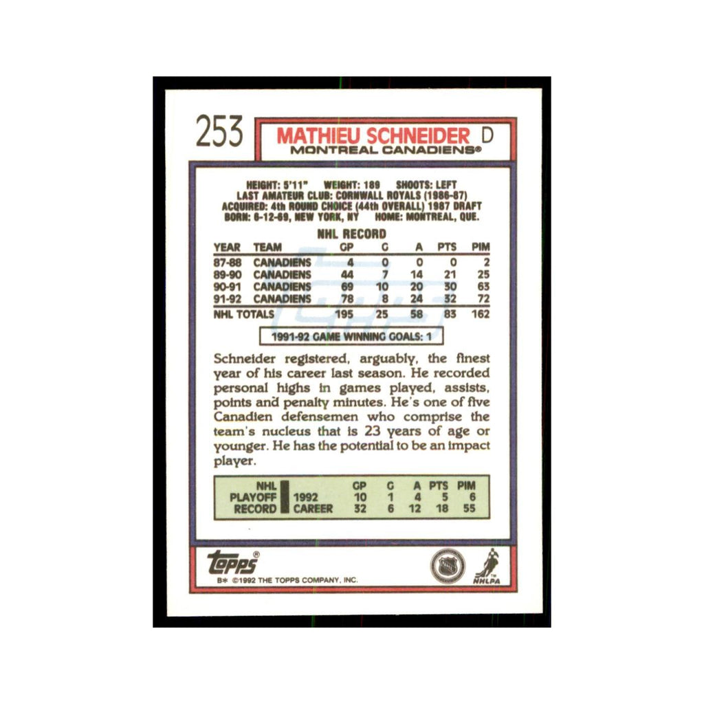 Mathieu Schneider 1992 Topps #253 Hockey Cards Hockey Card NM
