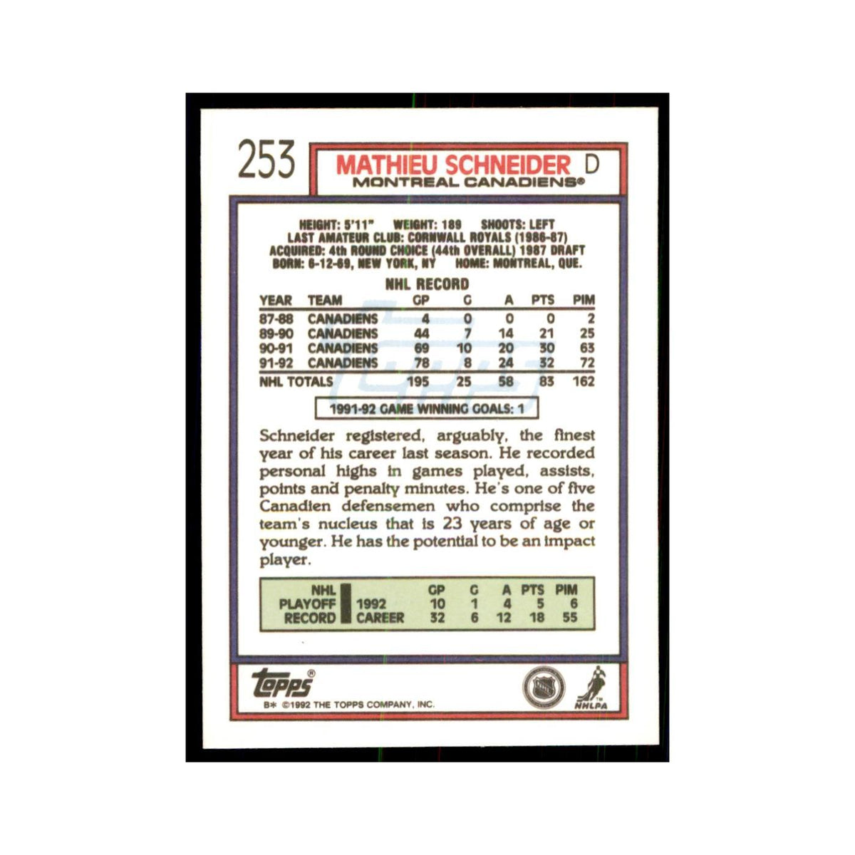 Mathieu Schneider 1992 Topps #253 Hockey Cards Hockey Card NM