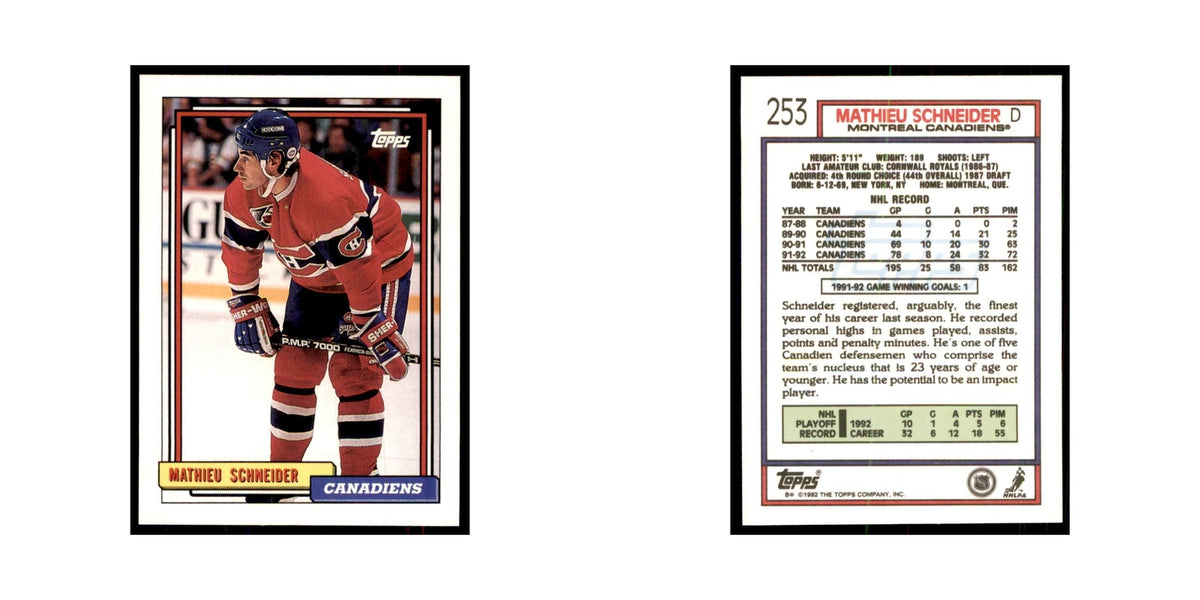 Mathieu Schneider 1992 Topps #253 Hockey Cards Hockey Card NM