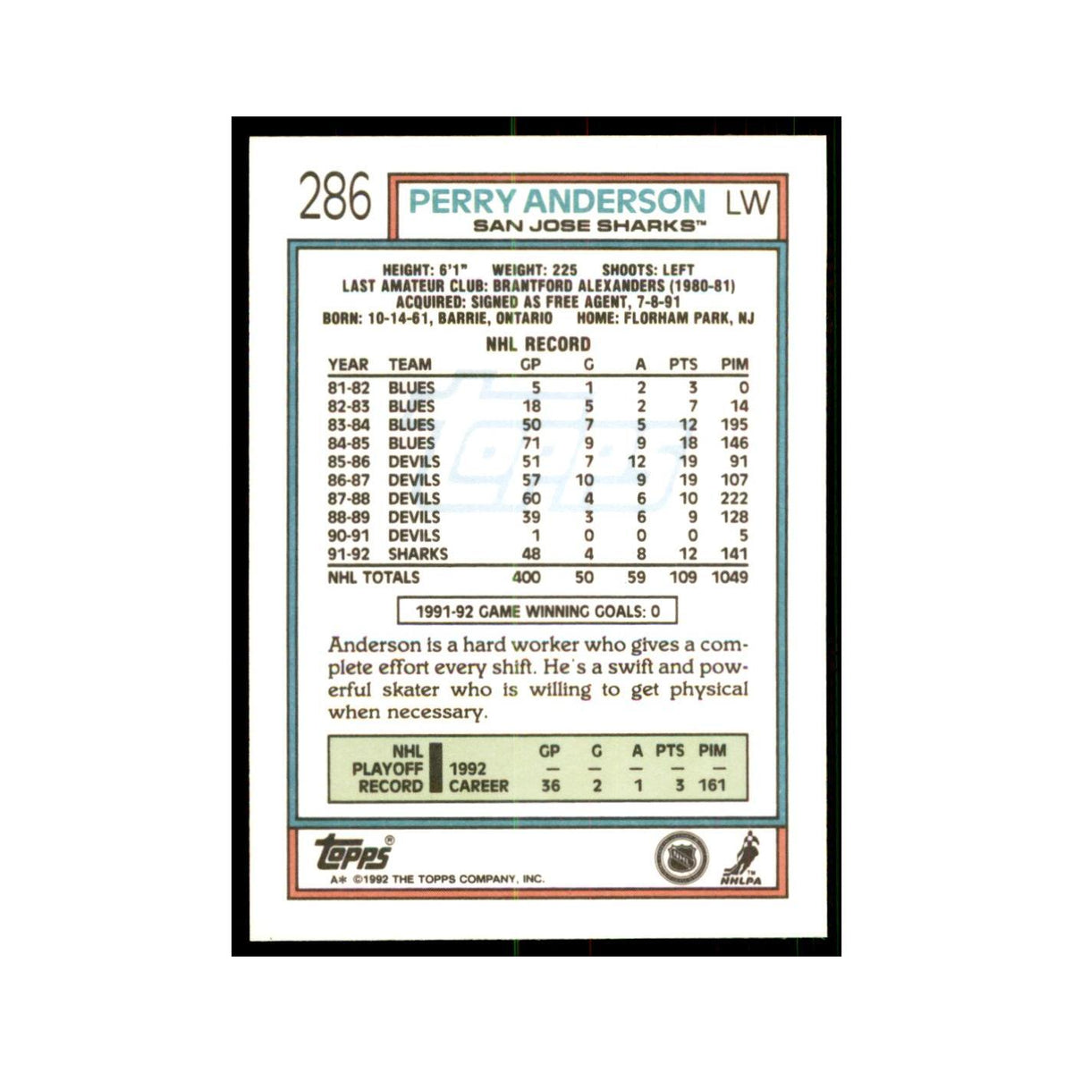 Perry Anderson 1992 Topps #286 Hockey Cards Hockey Card NM