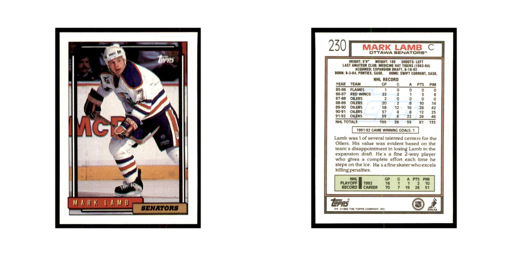 Mark Lamb 1992 Topps #230 Hockey Cards Hockey Card NM