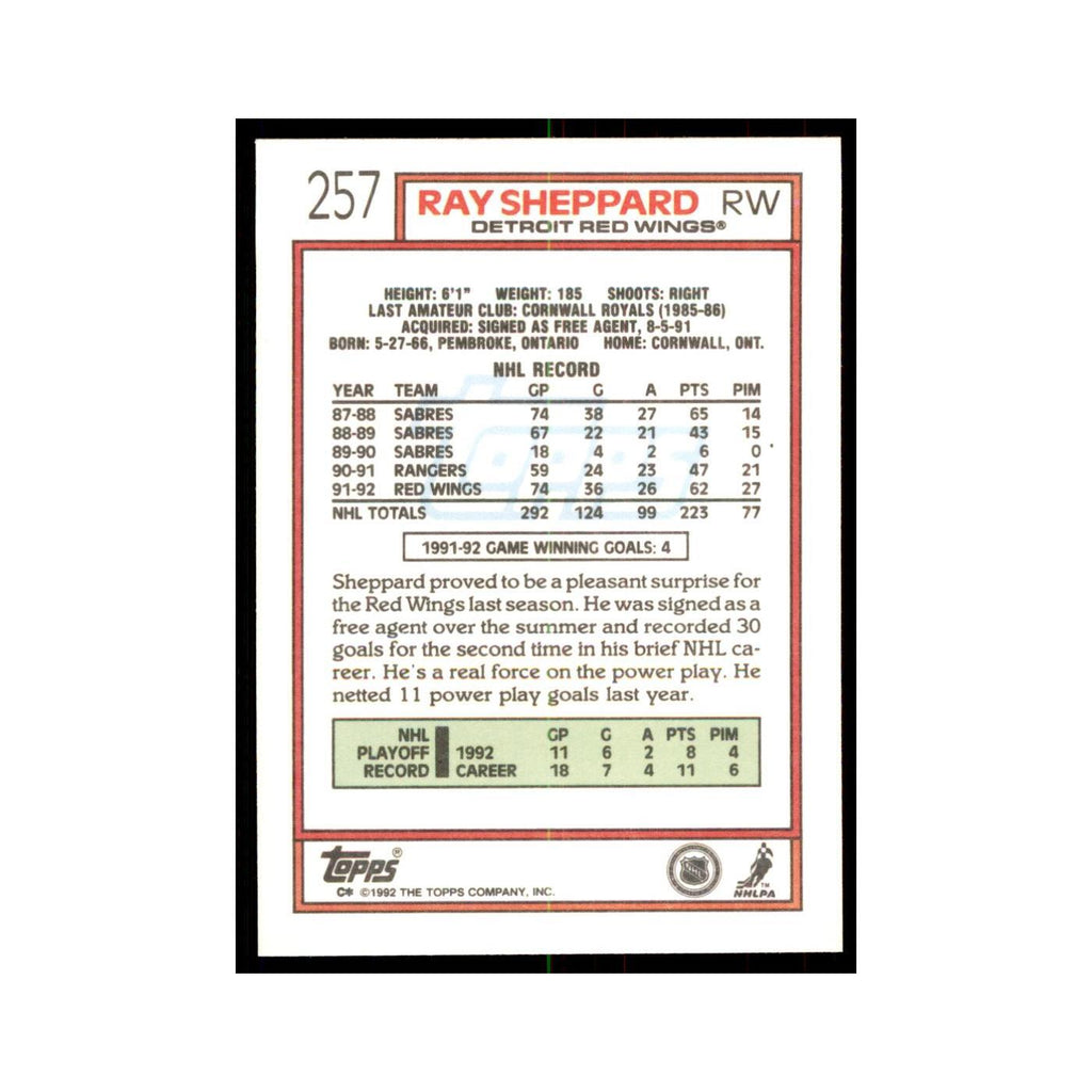 Ray Sheppard 1992 Topps #257 Hockey Cards Hockey Card NM