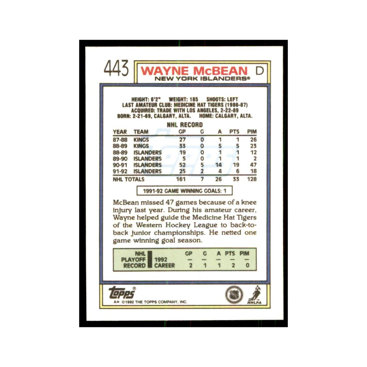 Wayne McBean 1992 Topps #443 Hockey Cards Hockey Card NM