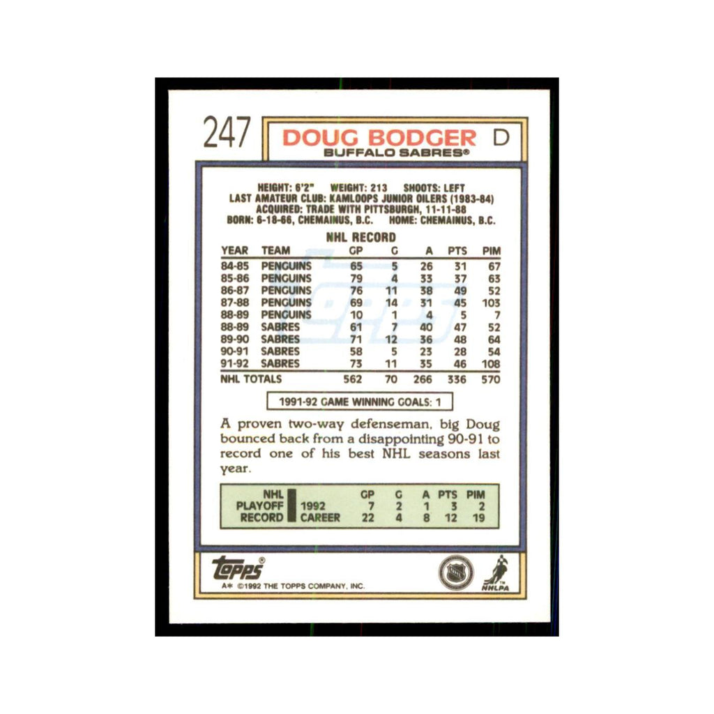 Doug Bodger 1992 Topps #247 Hockey Cards Hockey Card NM