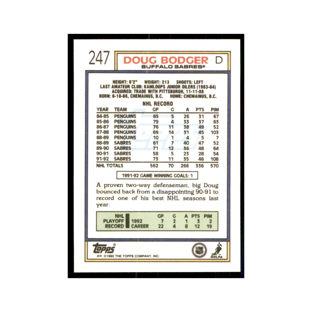 Doug Bodger 1992 Topps #247 Hockey Cards Hockey Card NM
