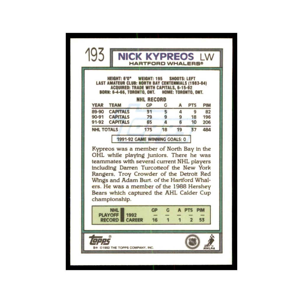 Nick Kypreos 1992 Topps #193 Hockey Cards Hockey Card NM