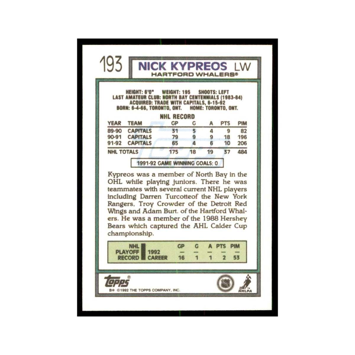 Nick Kypreos 1992 Topps #193 Hockey Cards Hockey Card NM