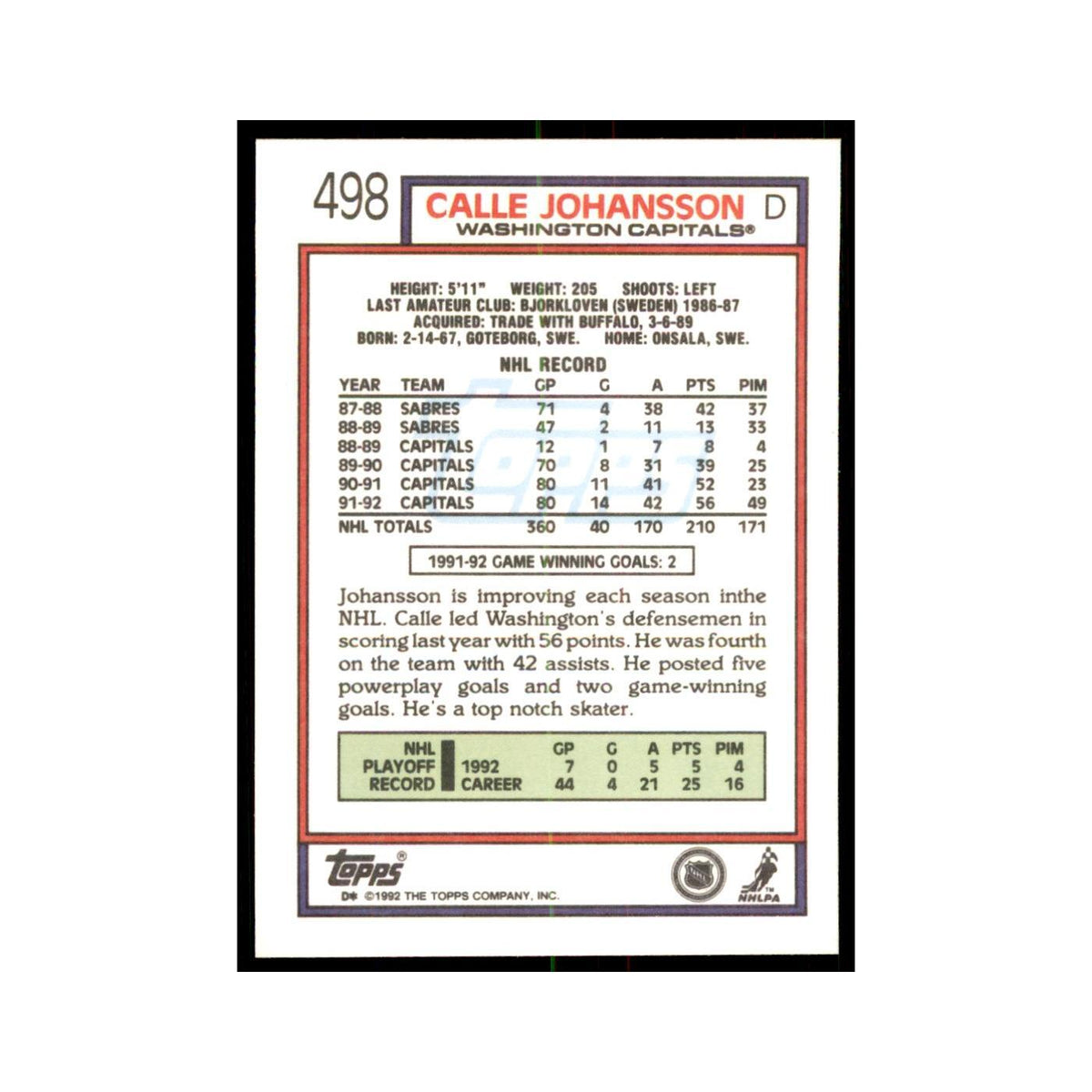 Calle Johansson 1992 Topps #498 Hockey Cards Hockey Card NM