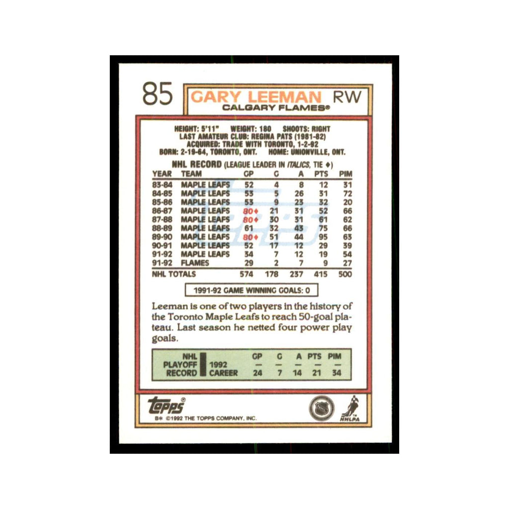 Gary Leeman 1992 Topps #85 Hockey Cards Hockey Card NM