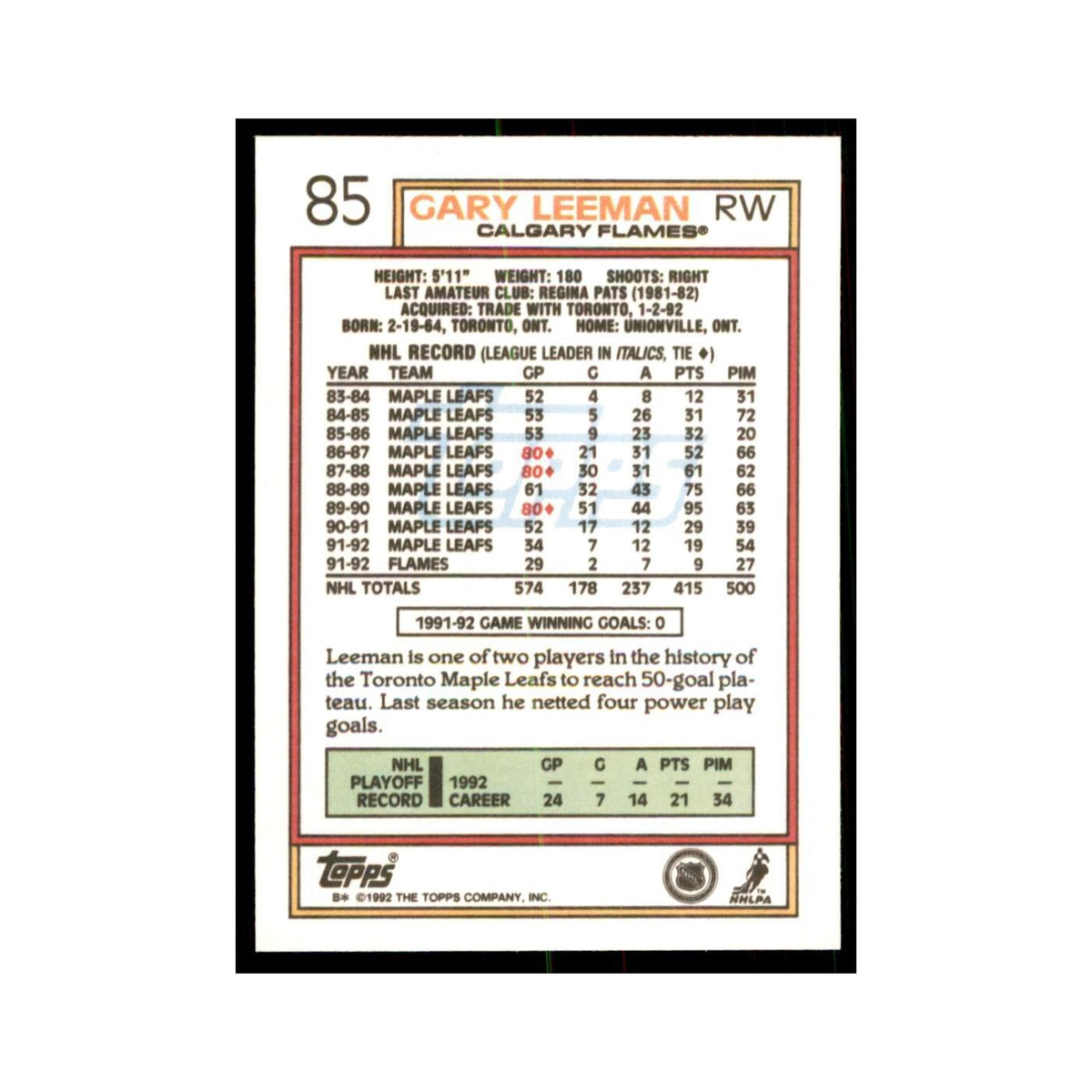 Gary Leeman 1992 Topps #85 Hockey Cards Hockey Card NM
