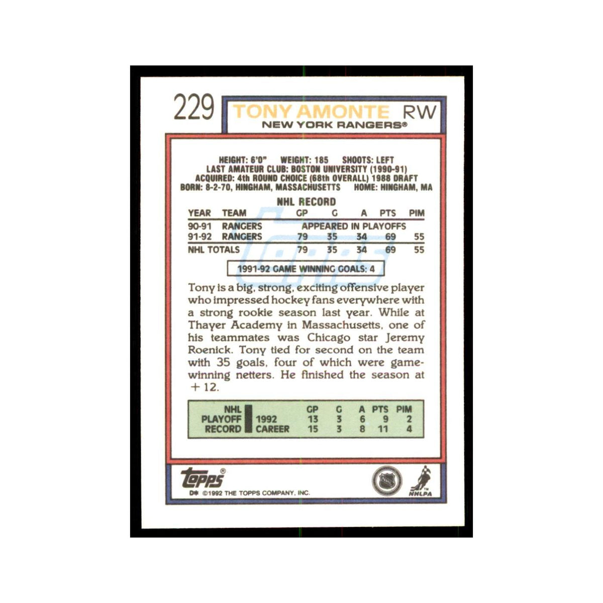Tony Amonte 1992 Topps #229 Hockey Cards Hockey Card NM