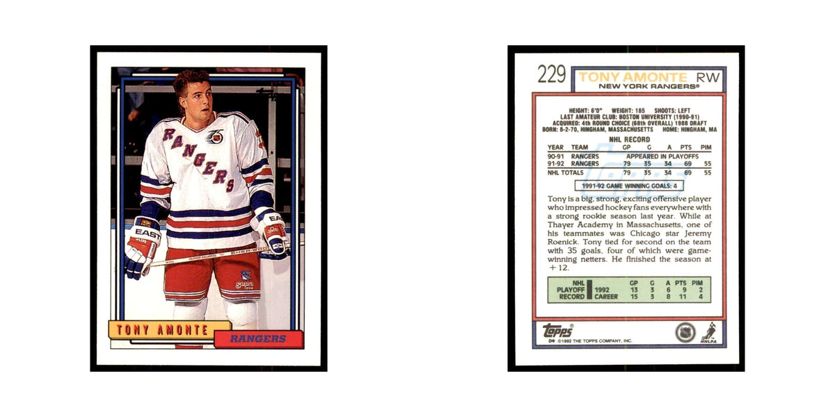 Tony Amonte 1992 Topps #229 Hockey Cards Hockey Card NM