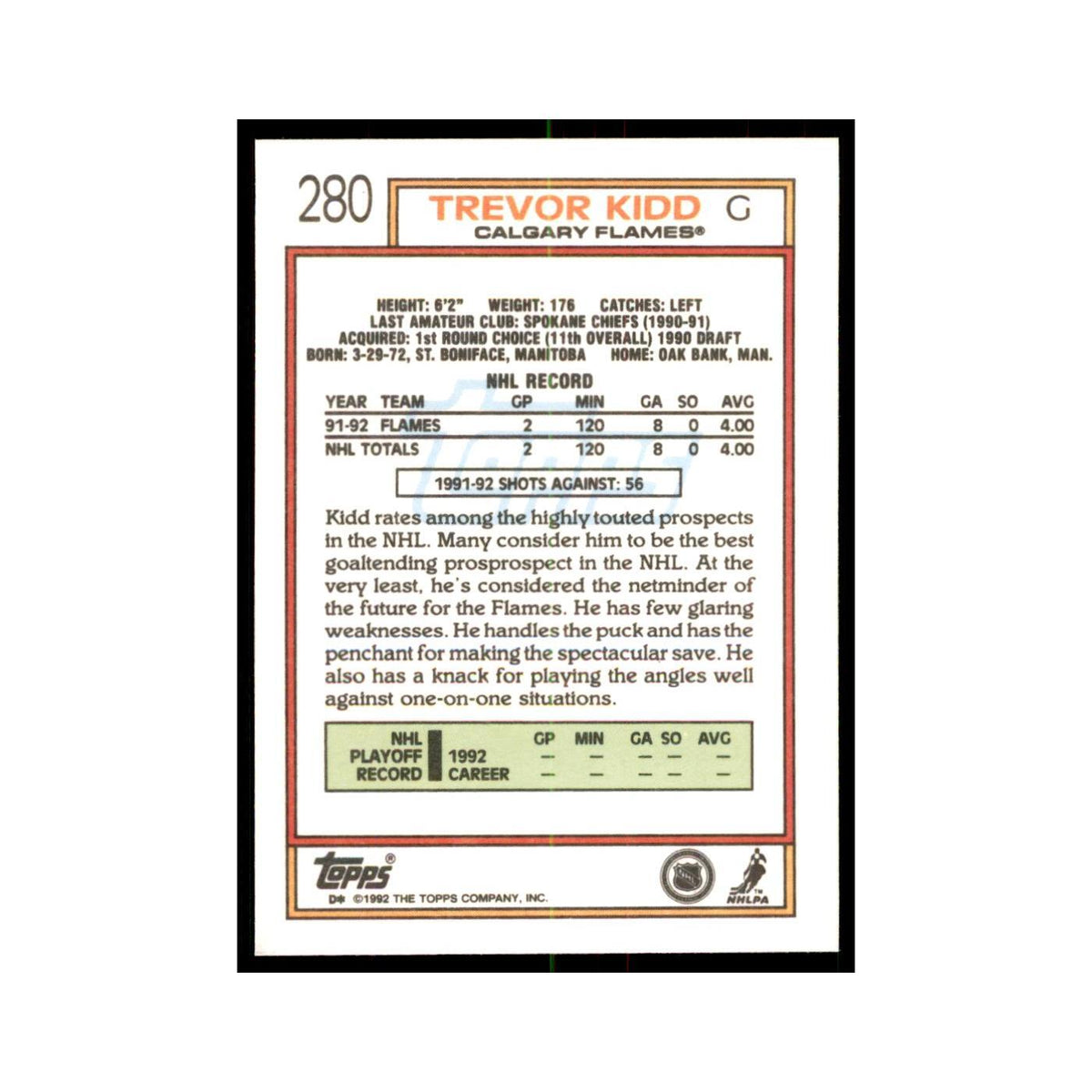 Trevor Kidd 1992 Topps #280 Hockey Cards Hockey Card NM