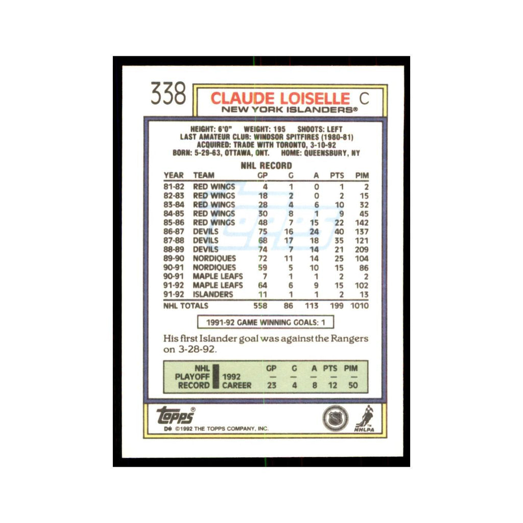 Claude Loiselle 1992 Topps #338 Hockey Cards Hockey Card NM