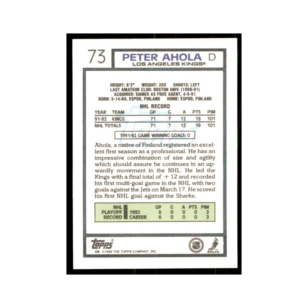 Peter Ahola 1992 Topps #73 Hockey Cards Hockey Card NM