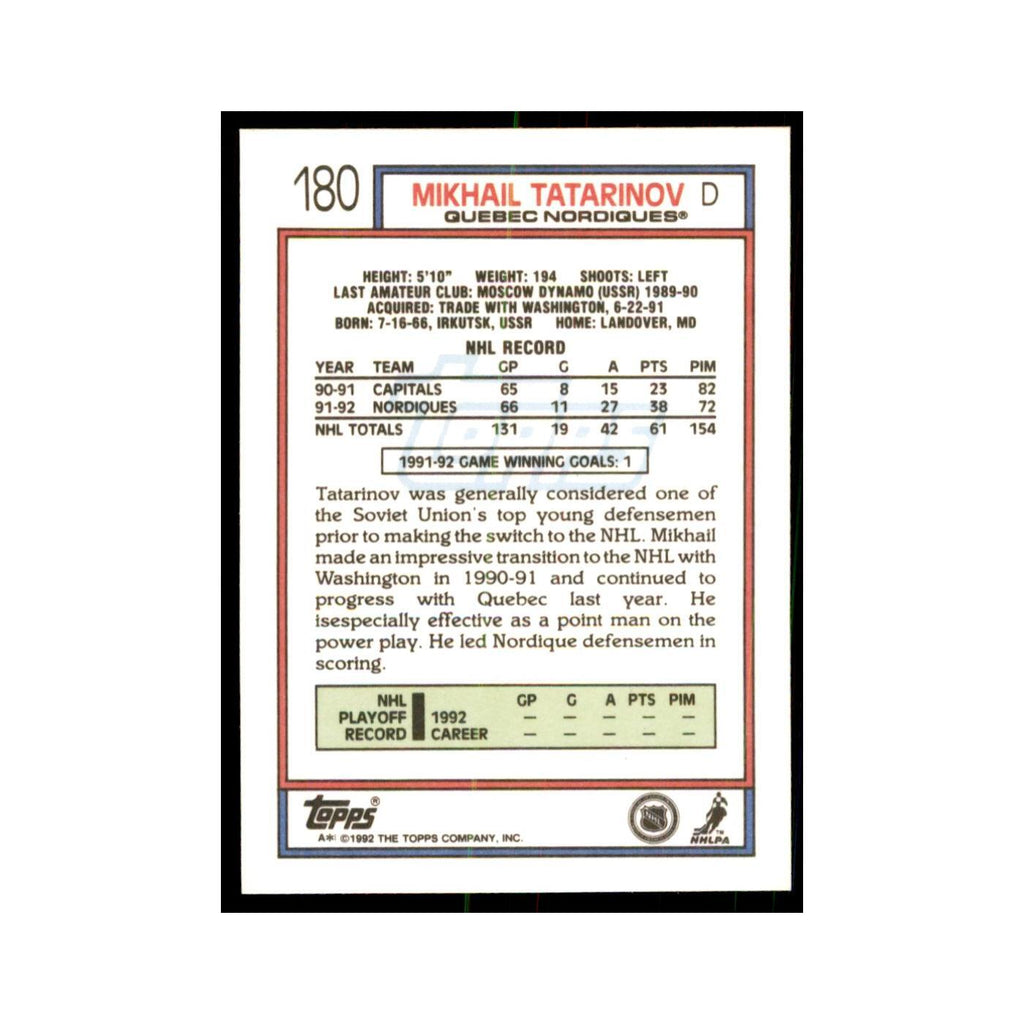 Mikhail Tatarinov 1992 Topps #180 Hockey Cards Hockey Card NM