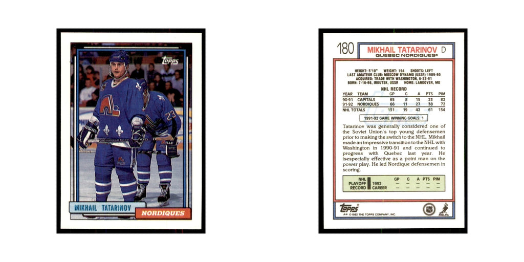 Mikhail Tatarinov 1992 Topps #180 Hockey Cards Hockey Card NM
