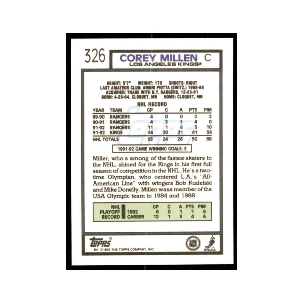 Corey Millen 1992 Topps #326 Hockey Cards Hockey Card NM