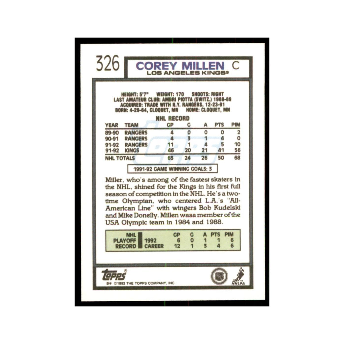 Corey Millen 1992 Topps #326 Hockey Cards Hockey Card NM