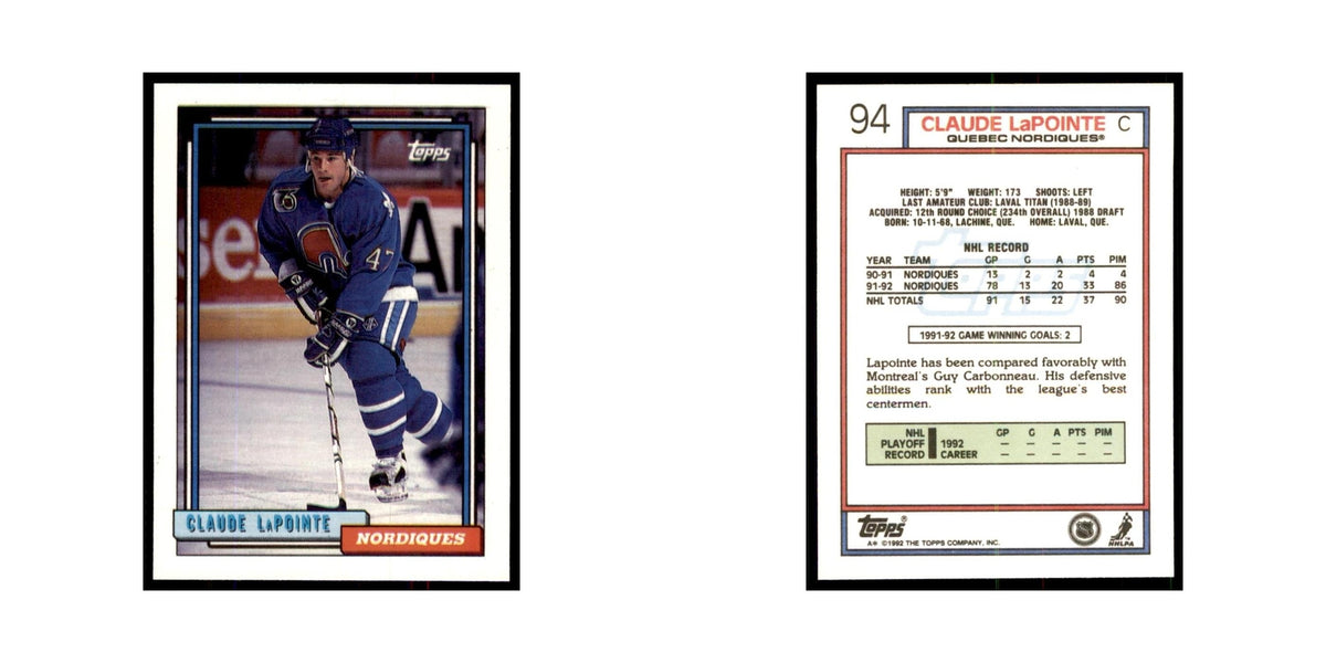 Claude Lapointe 1992 Topps #94 Hockey Cards Hockey Card NM