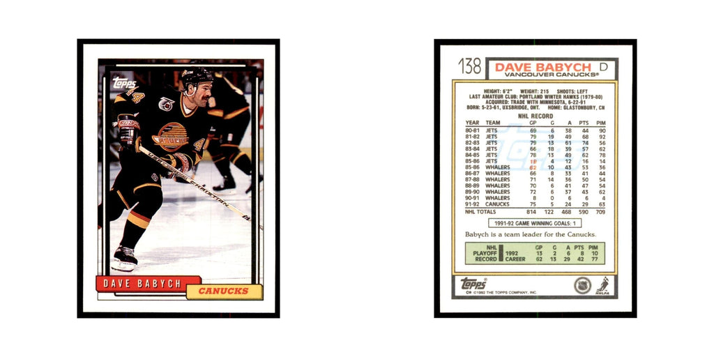 Dave Babych 1992 Topps #138 Hockey Cards Hockey Card NM