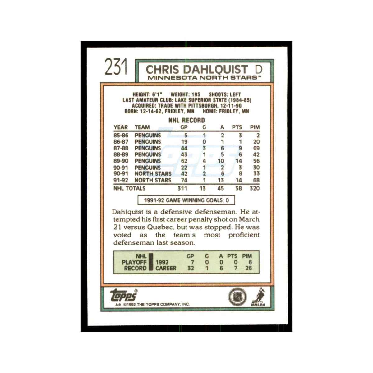 Chris Dahlquist 1992 Topps #231 Hockey Cards Hockey Card NM