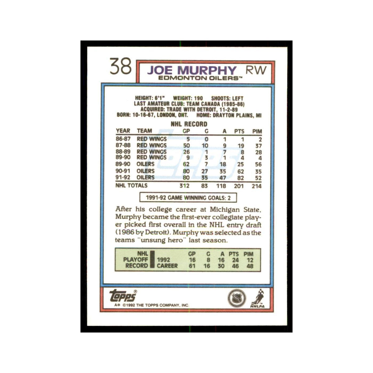 Joe Murphy 1992 Topps #38 Hockey Cards Hockey Card NM