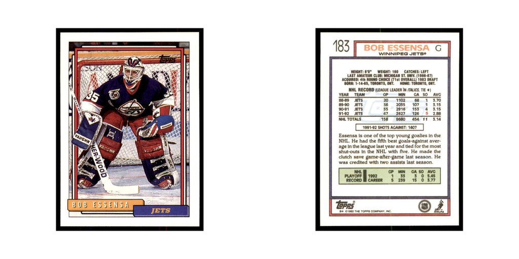 Bob Essensa 1992 Topps #183 Hockey Cards Hockey Card NM