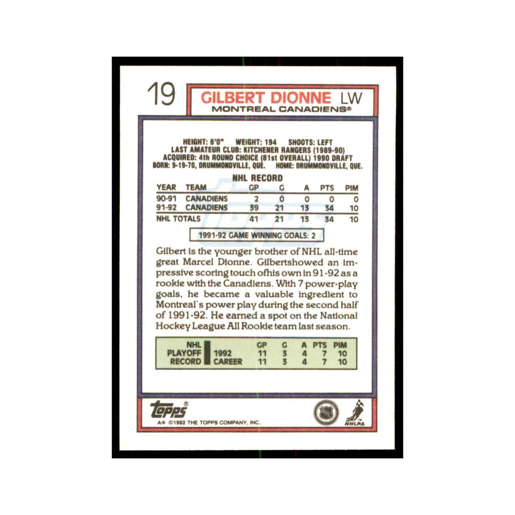 Gilbert Dionne 1992 Topps #19 Hockey Cards Hockey Card NM