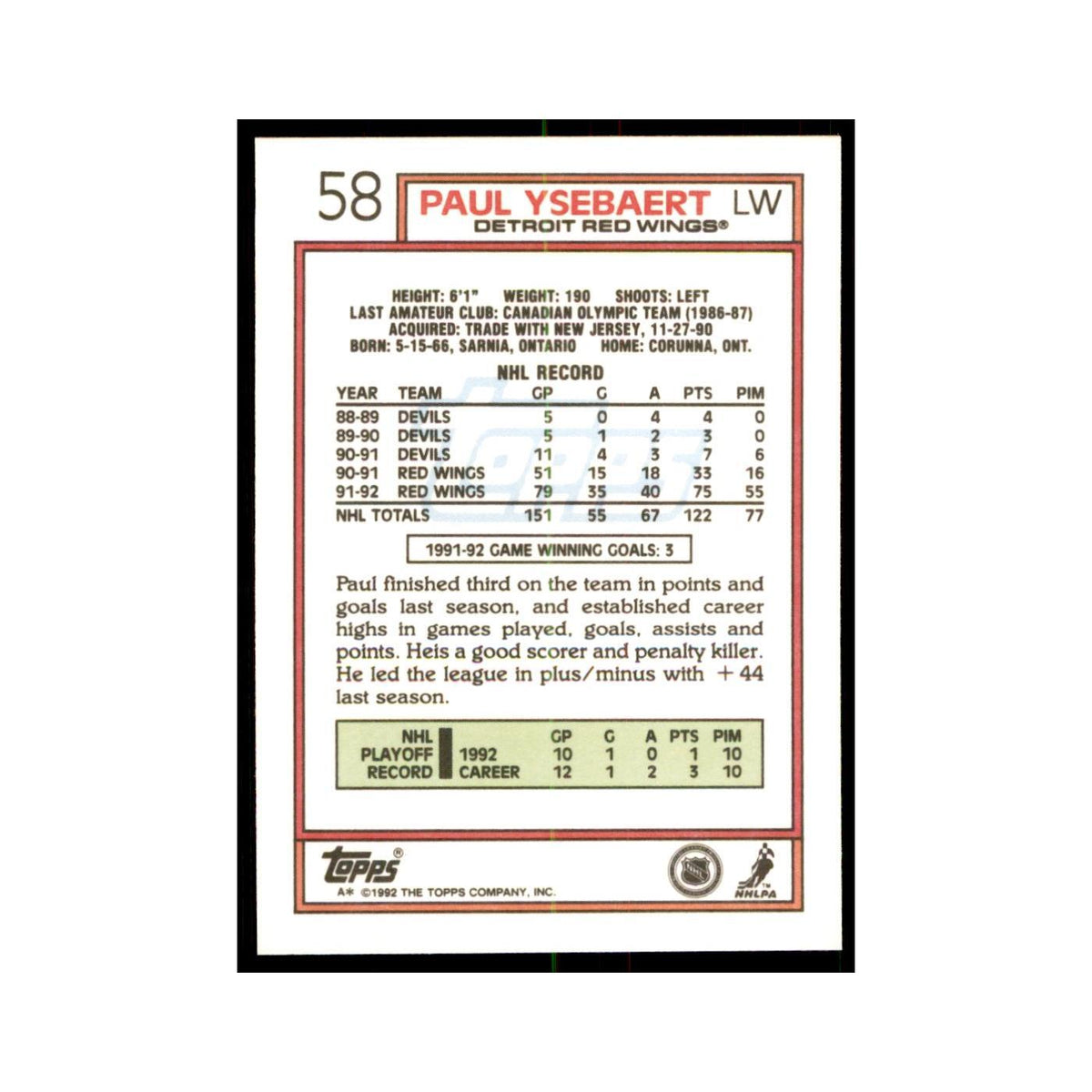 Paul Ysebaert 1992 Topps #58 Hockey Cards Hockey Card NM
