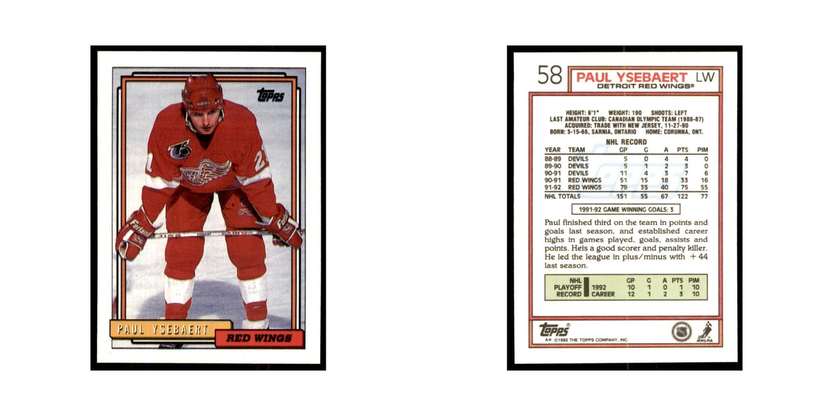 Paul Ysebaert 1992 Topps #58 Hockey Cards Hockey Card NM