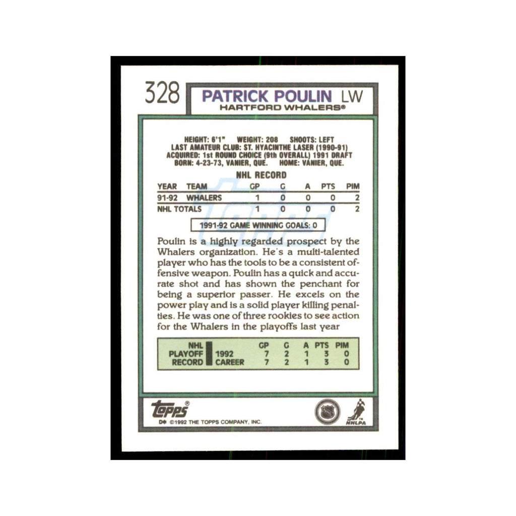 Patrick Poulin 1992 Topps #328 Hockey Cards Hockey Card NM