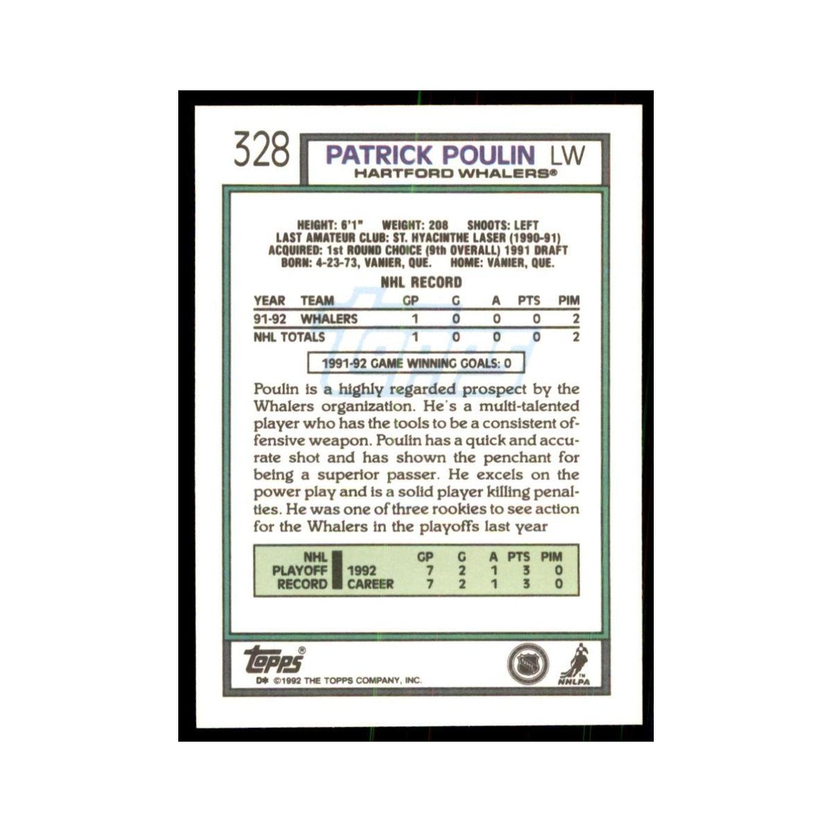 Patrick Poulin 1992 Topps #328 Hockey Cards Hockey Card NM