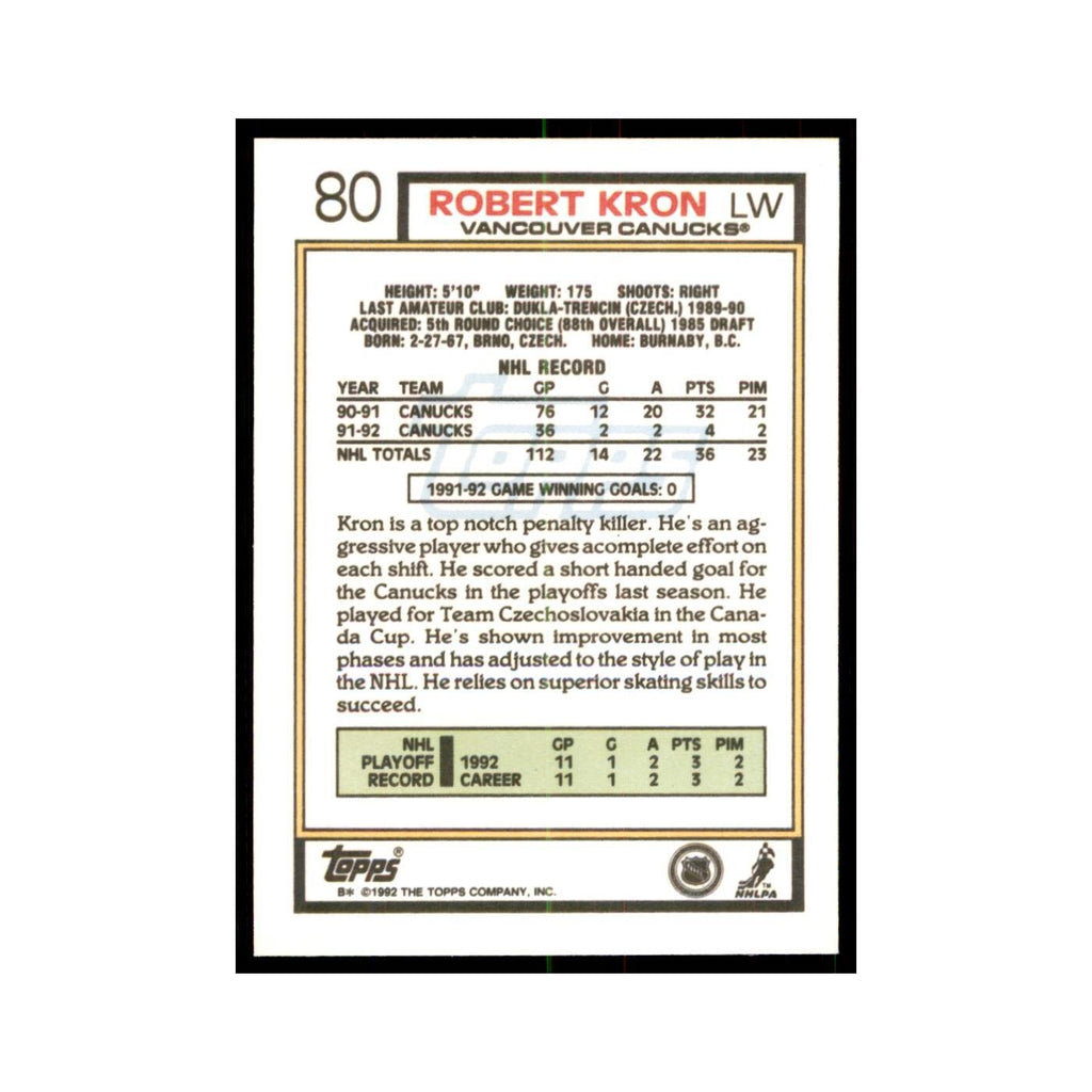 Robert Kron 1992 Topps #80 Hockey Cards Hockey Card NM