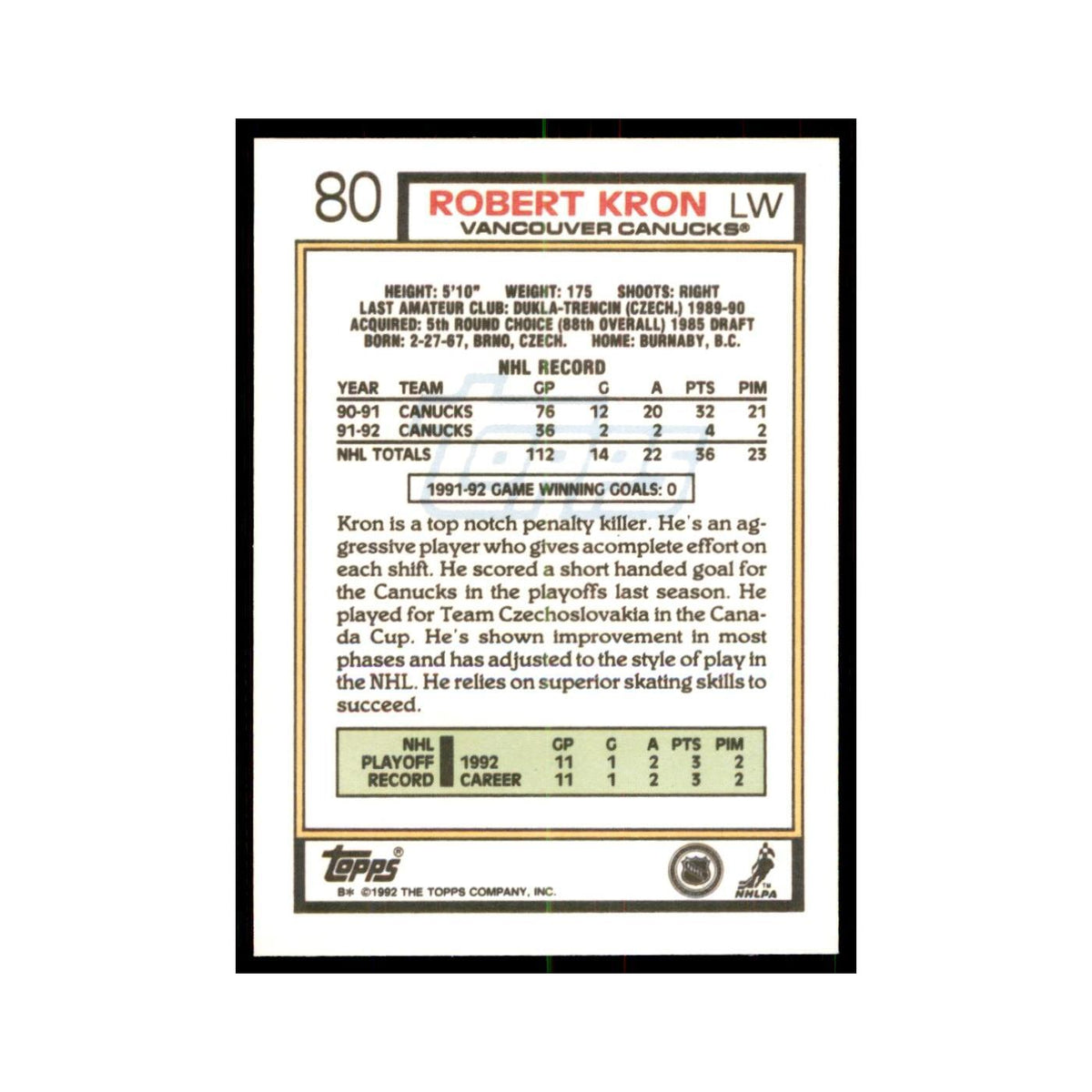 Robert Kron 1992 Topps #80 Hockey Cards Hockey Card NM