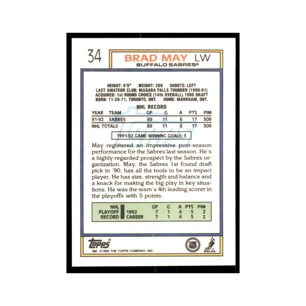 Brad May 1992 Topps #34 Hockey Cards Hockey Card NM