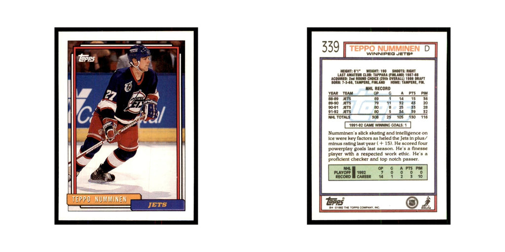Teppo Numminen 1992 Topps #339 Hockey Cards Hockey Card NM