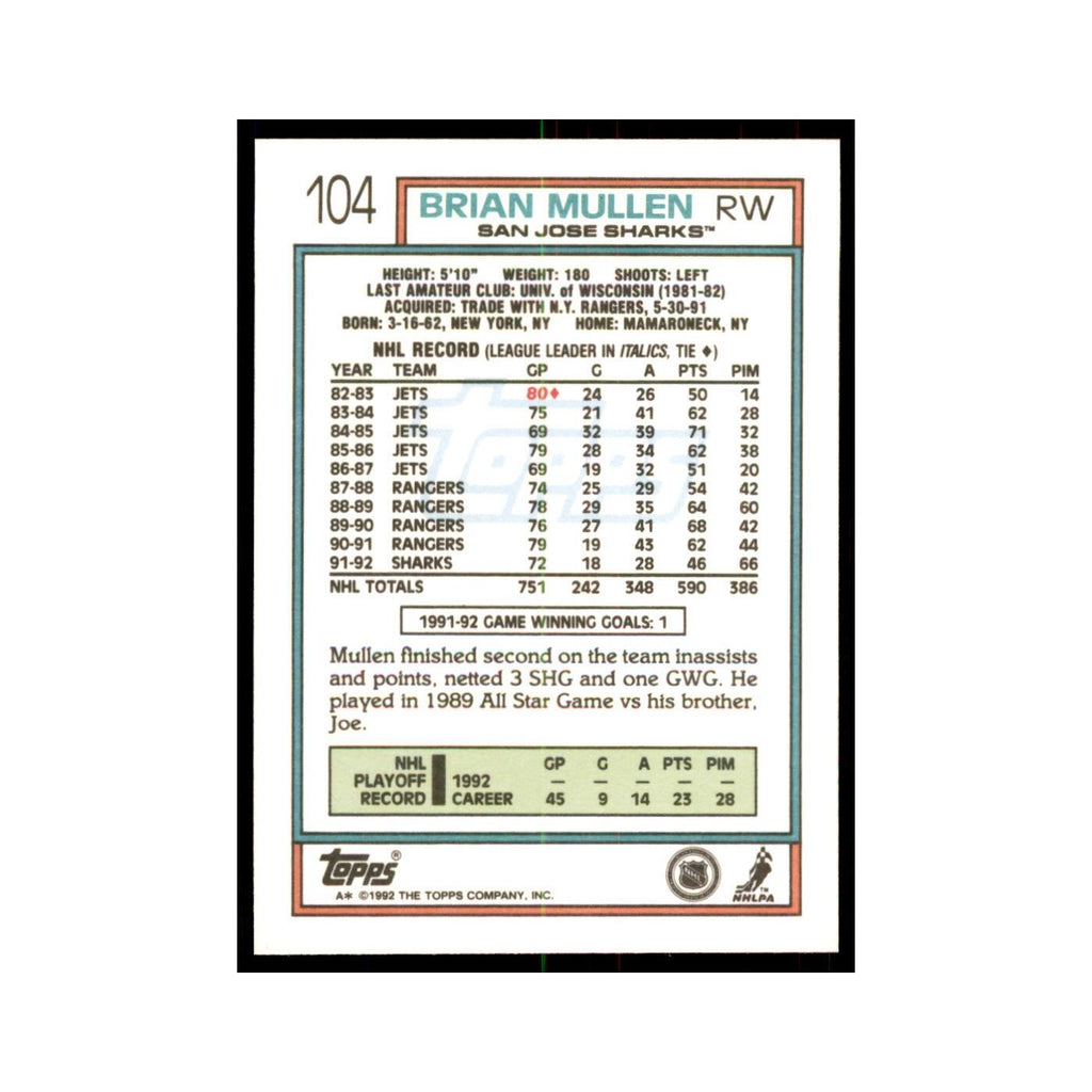 Brian Mullen 1992 Topps #104 Hockey Cards Hockey Card NM