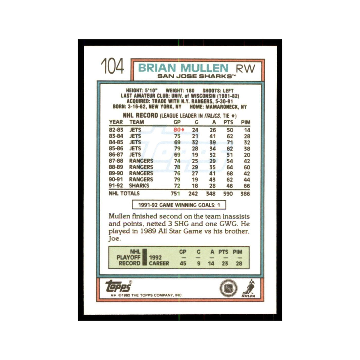 Brian Mullen 1992 Topps #104 Hockey Cards Hockey Card NM