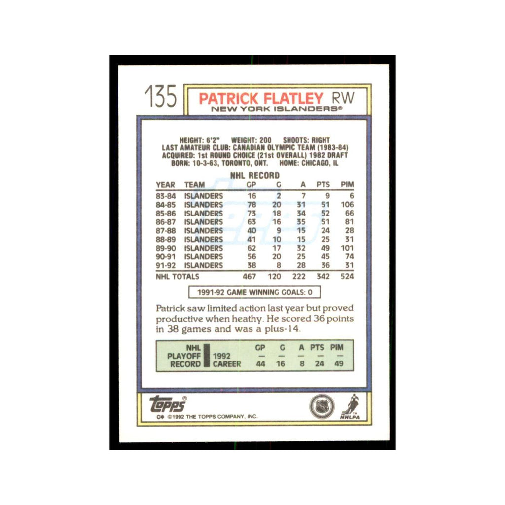 Patrick Flatley 1992 Topps #135 Hockey Cards Hockey Card NM