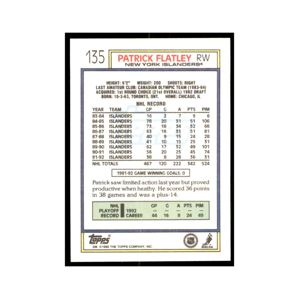 Patrick Flatley 1992 Topps #135 Hockey Cards Hockey Card NM