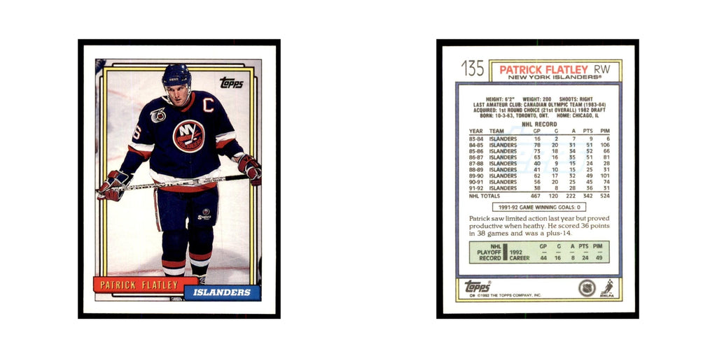 Patrick Flatley 1992 Topps #135 Hockey Cards Hockey Card NM