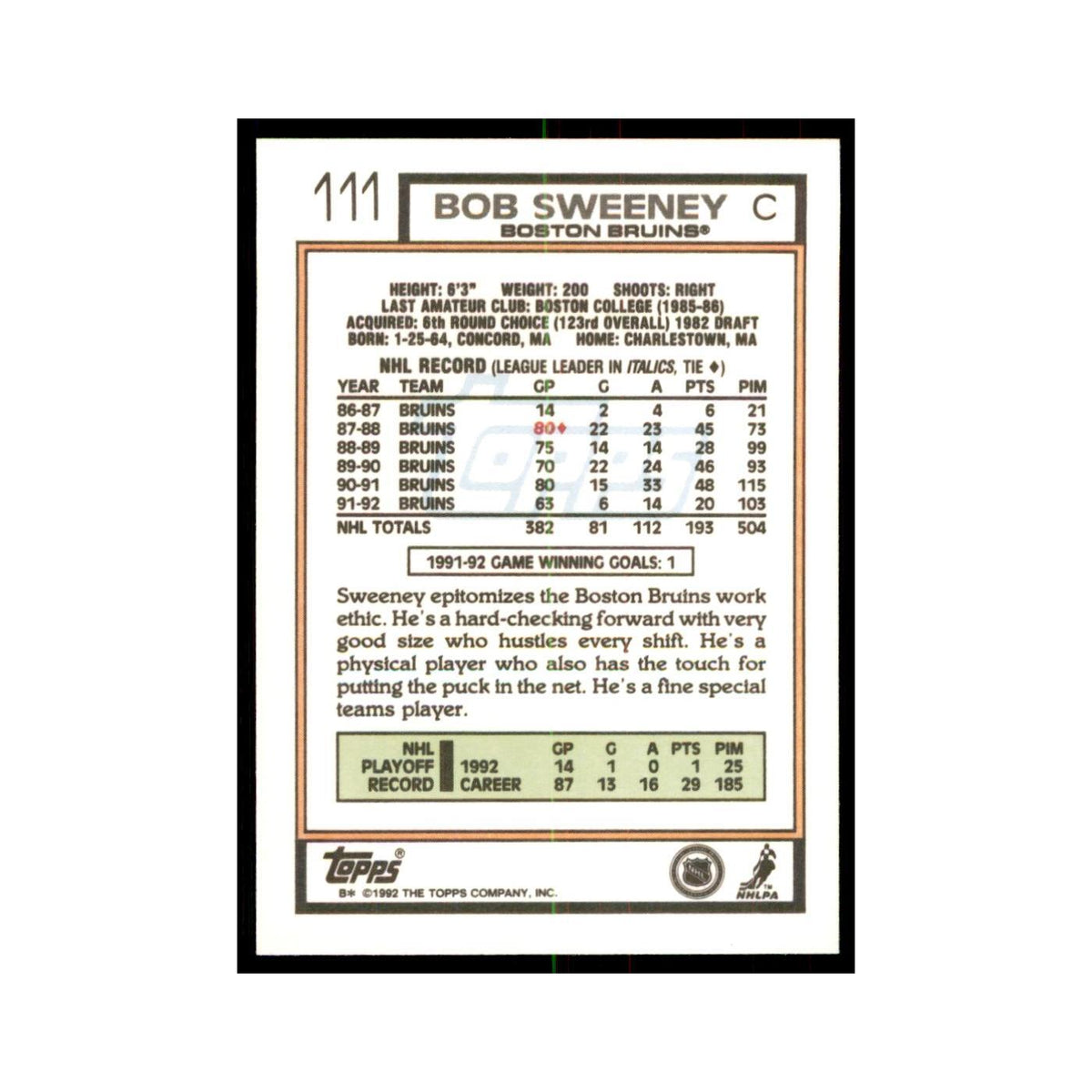 Bob Sweeney 1992 Topps #111 Hockey Cards Hockey Card NM
