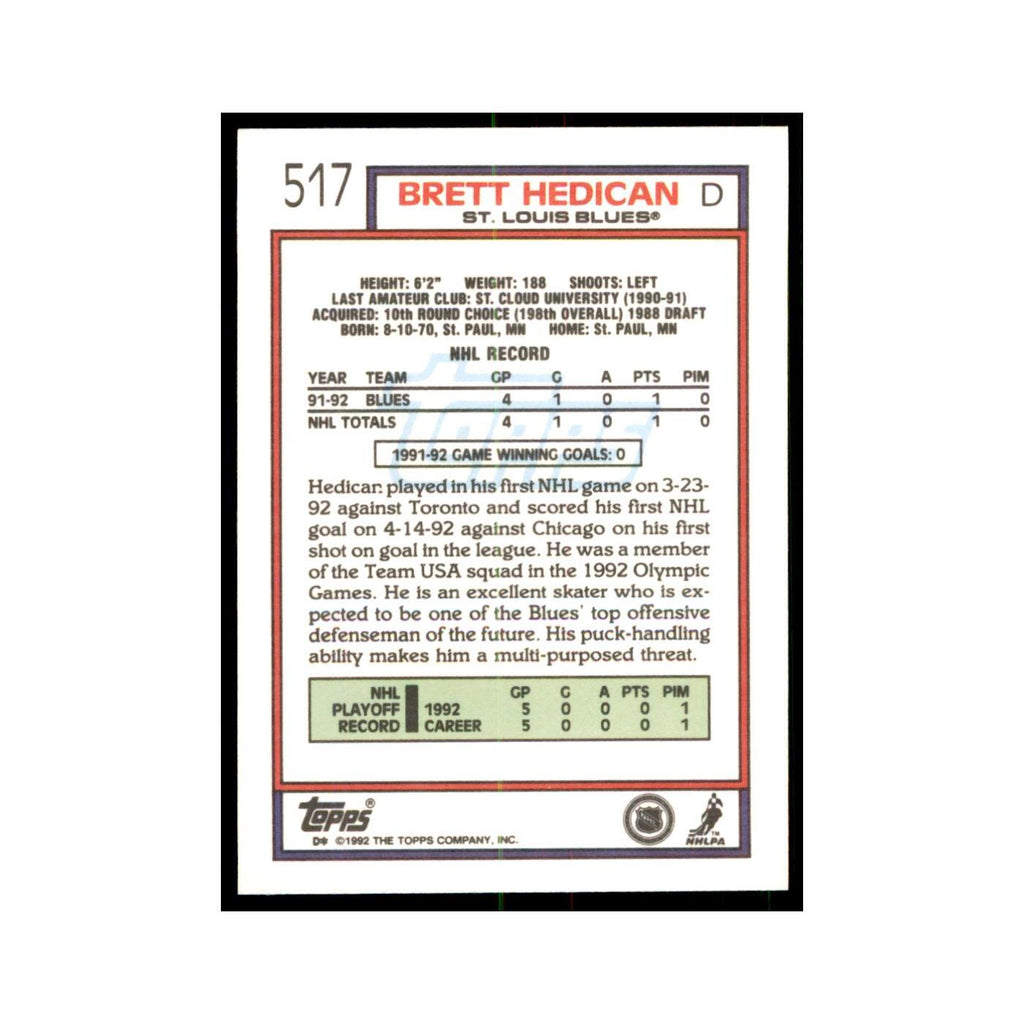 Bret Hedican 1992 Topps #517 Hockey Cards Hockey Card NM