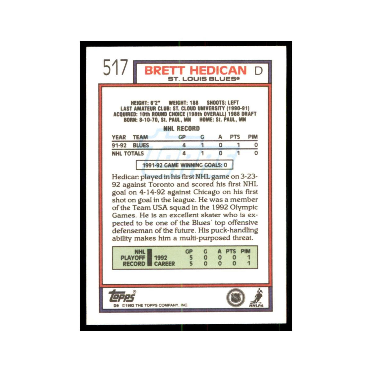 Bret Hedican 1992 Topps #517 Hockey Cards Hockey Card NM