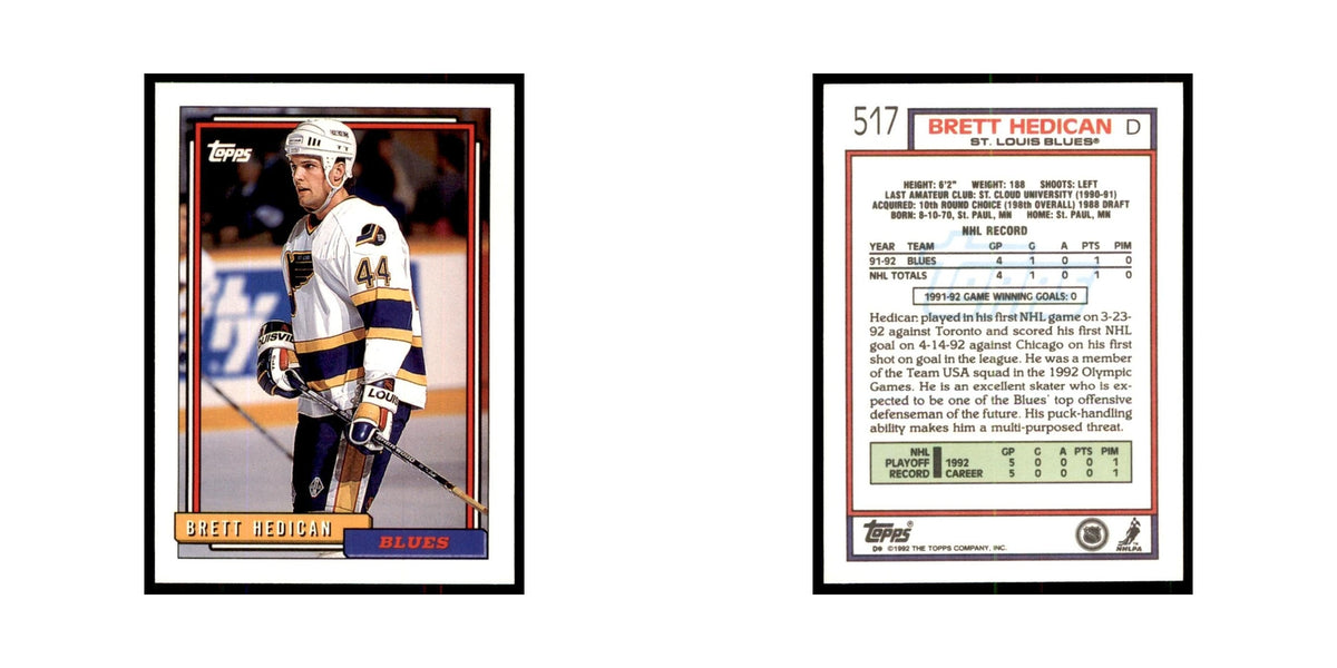 Bret Hedican 1992 Topps #517 Hockey Cards Hockey Card NM